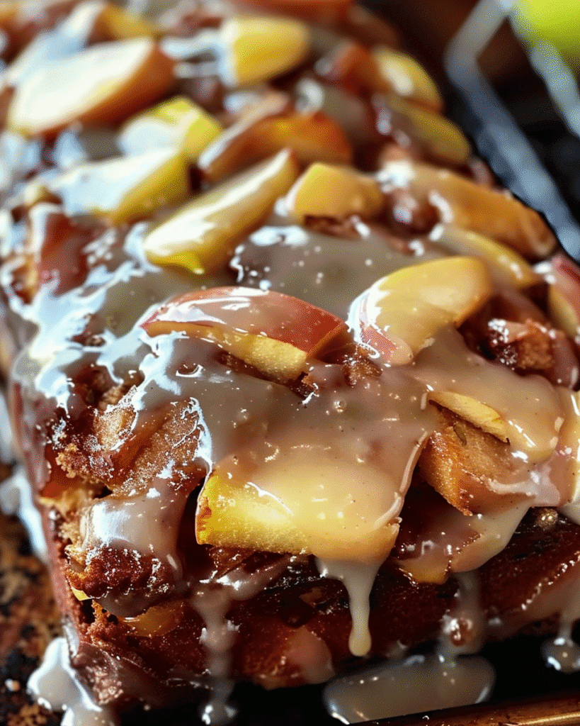 Close-up of homemade apple fritter bread topped with apple chunks and a generous drizzle of vanilla glaze.