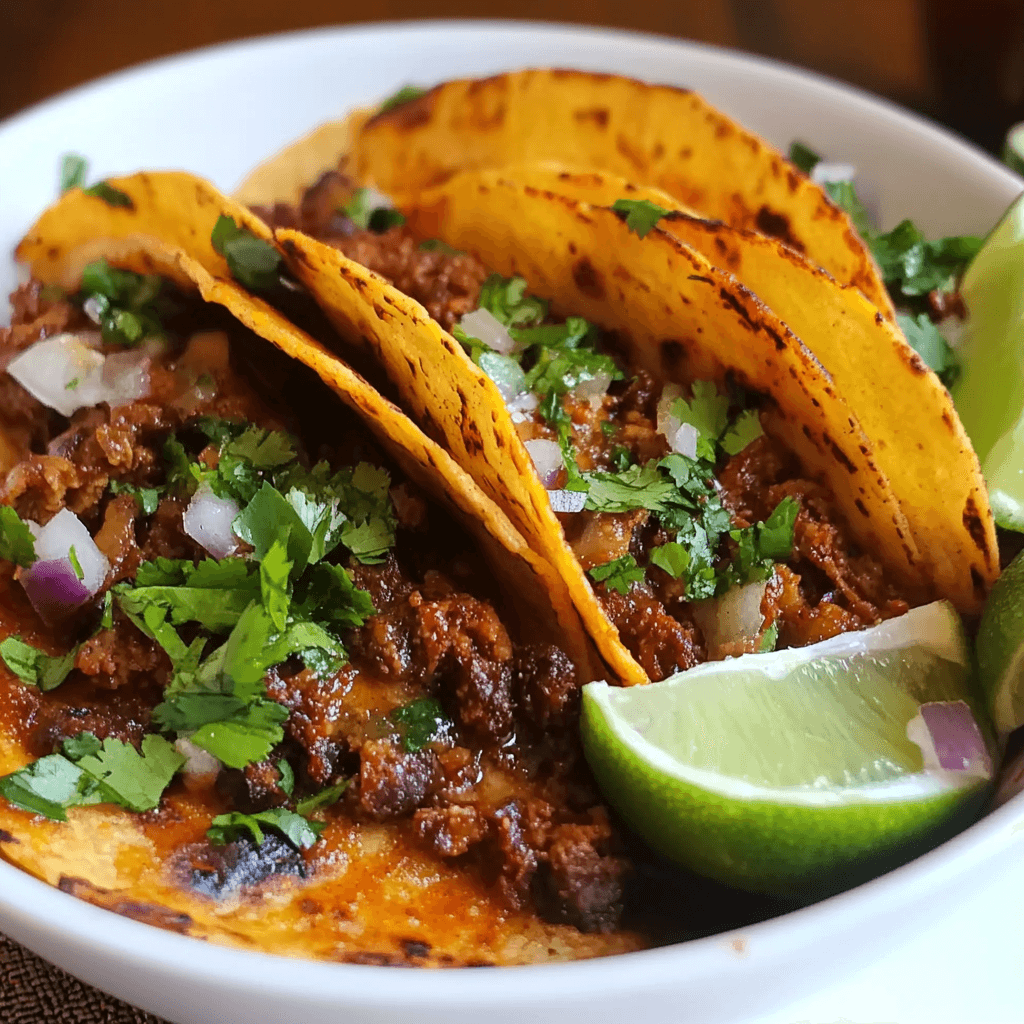 Three crispy beef birria tacos topped with chopped onions and cilantro, served with lime wedges on a white plate.