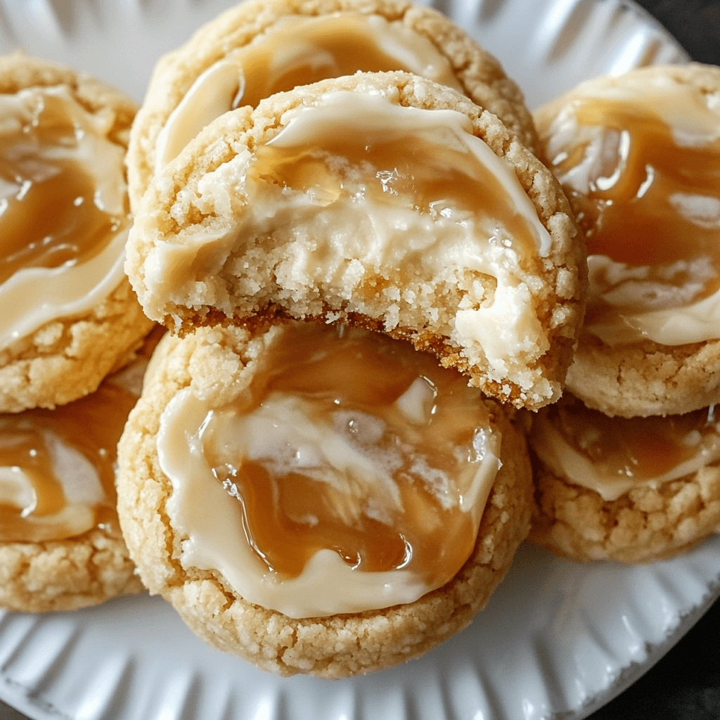 A stack of caramel cheesecake cookies with swirled caramel and cheesecake filling, one cookie partially bitten to show the soft interior.