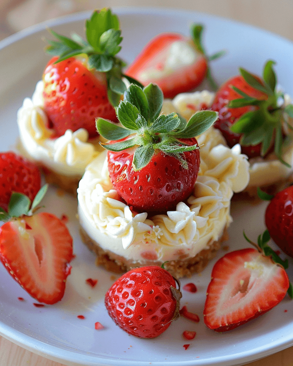 Mini no-bake cheesecakes topped with fresh whole strawberries and decorative piped cream, served on a white plate with halved strawberries.