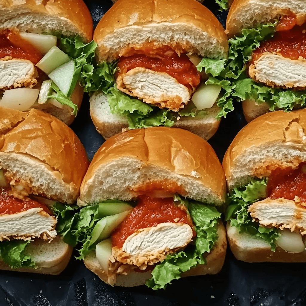 Mini chicken parmesan sliders with lettuce, cucumber slices, marinara sauce, and breaded chicken on soft buns.