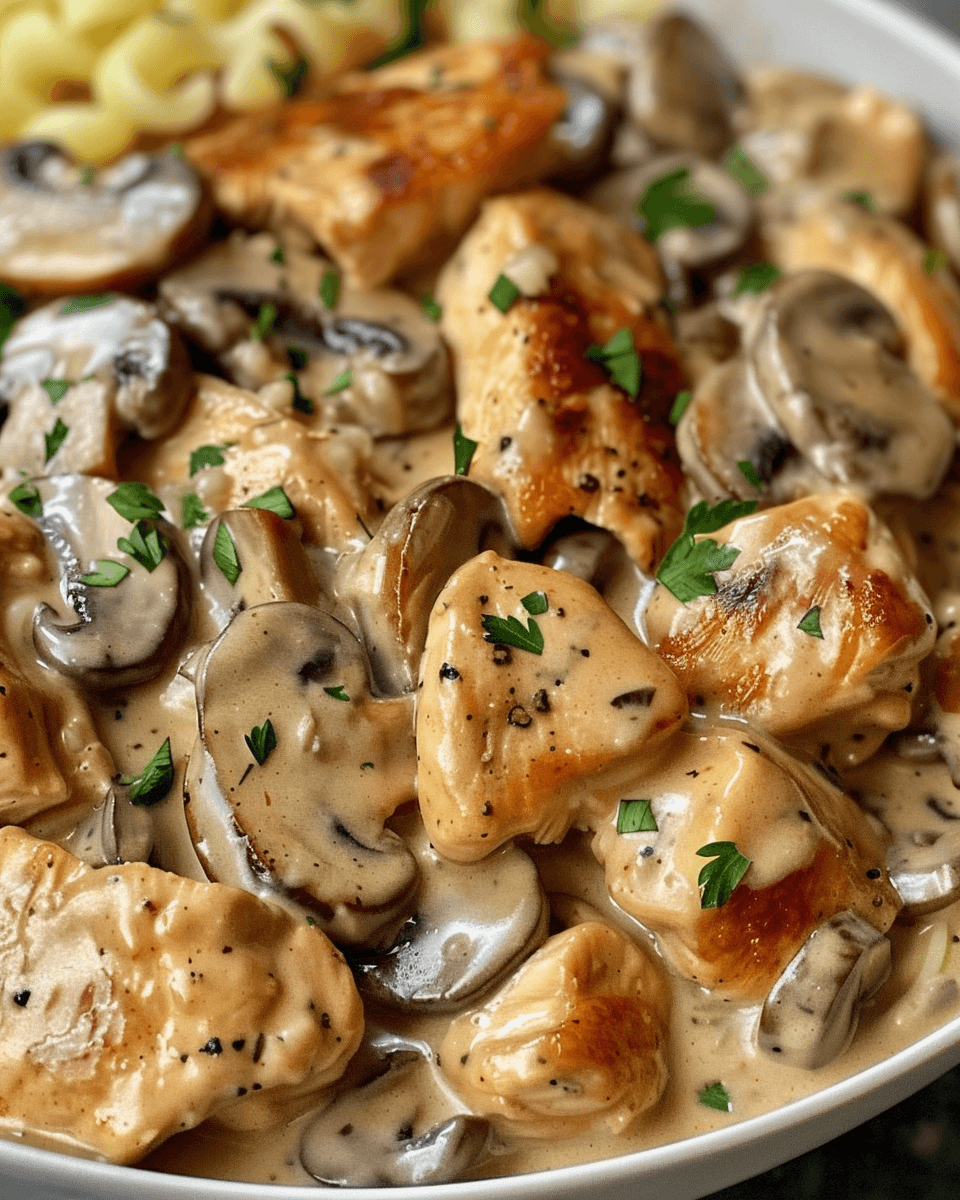 Close-up of creamy chicken and mushroom dish with seared chicken pieces, sautéed mushrooms, and fresh parsley in a rich sauce.