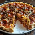 A deep-dish pie filled with layers of pasta, ground beef, sausage, and pepperoni, with melted cheese and tomato sauce on a white plate.