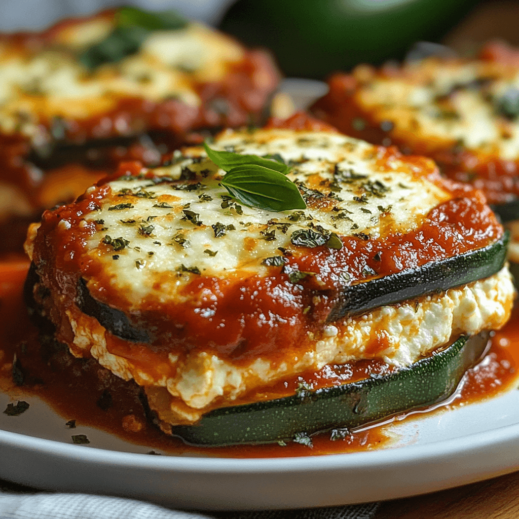 Individual serving of baked zucchini layered with ricotta cheese and marinara sauce, topped with melted mozzarella and fresh basil.