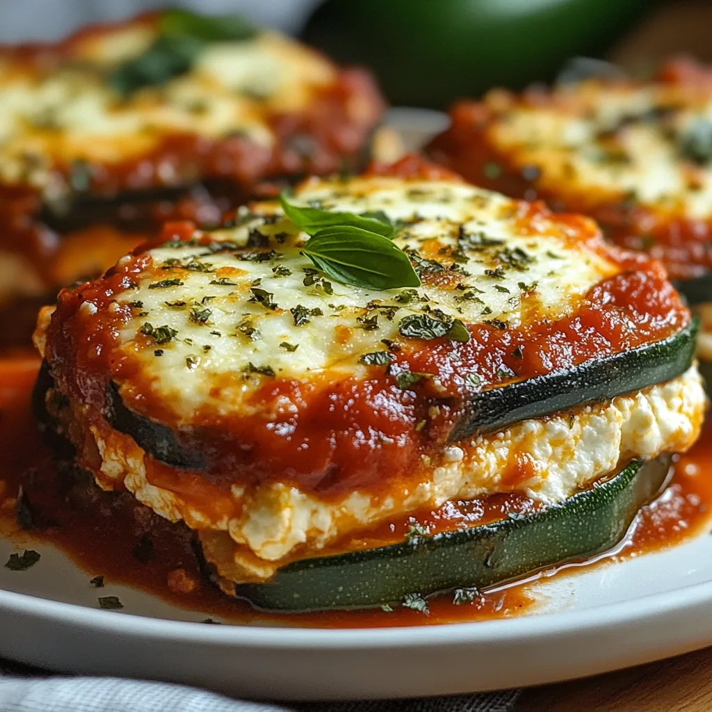 Close-up of bubbling hot Layered Zucchini Ricotta Melts with marinara sauce, melted cheese, and fresh herbs in a baking dish.