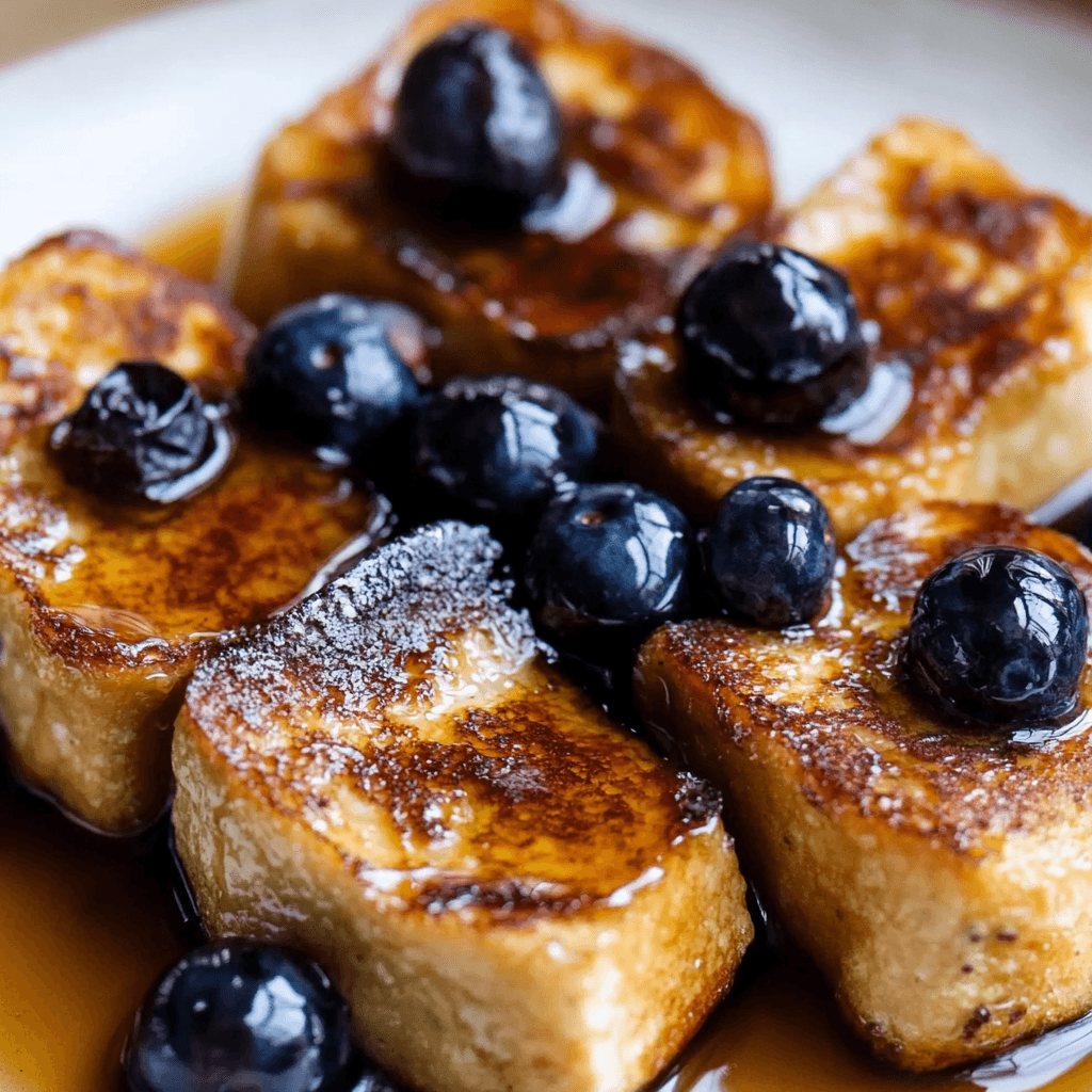 Close-up of golden-brown mini French toast pieces topped with fresh blueberries and drizzled with maple syrup.