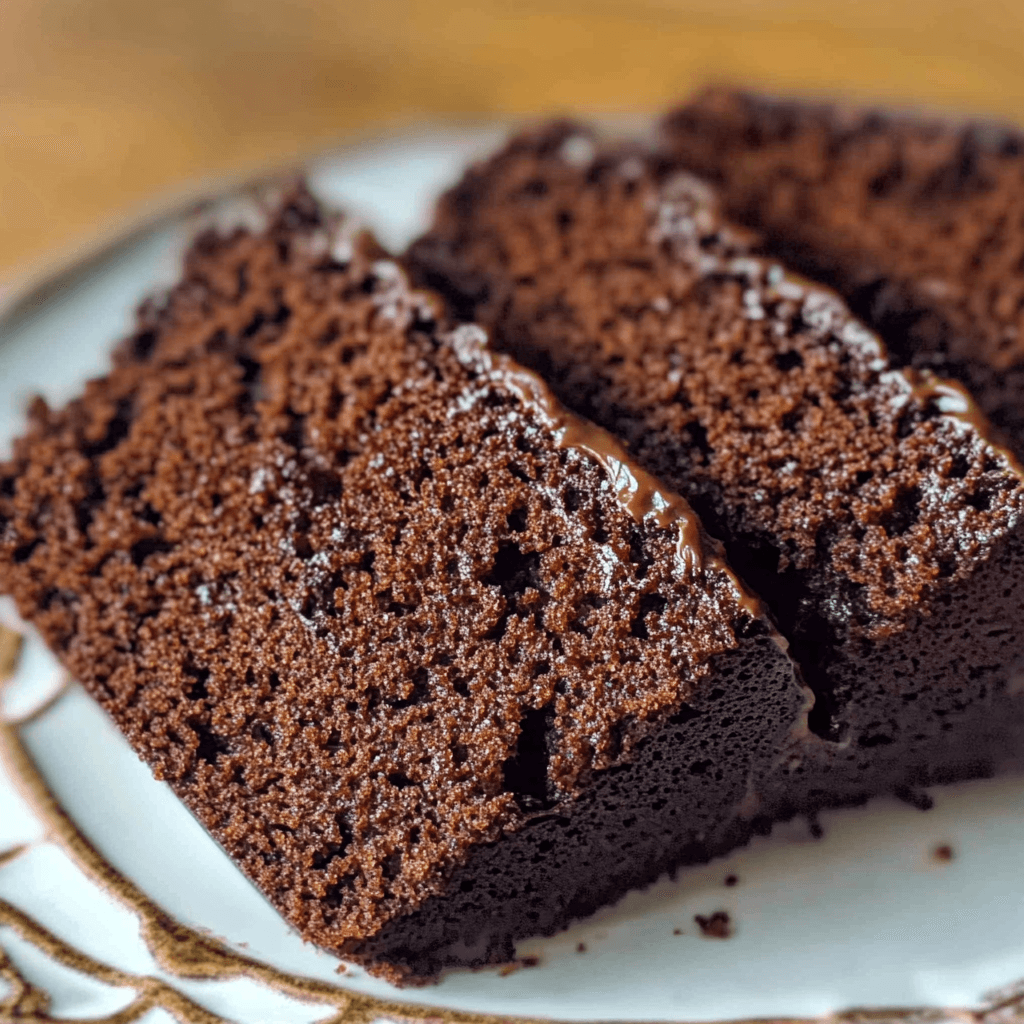 Three slices of moist old-fashioned ginger loaf cake served on a decorative plate.