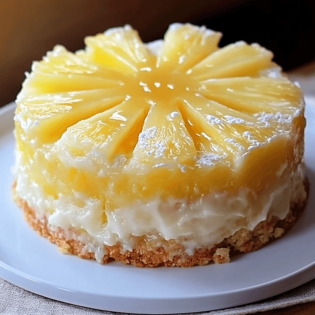A round pineapple dessert cake with creamy layers and pineapple slices arranged in a sunburst pattern on top.