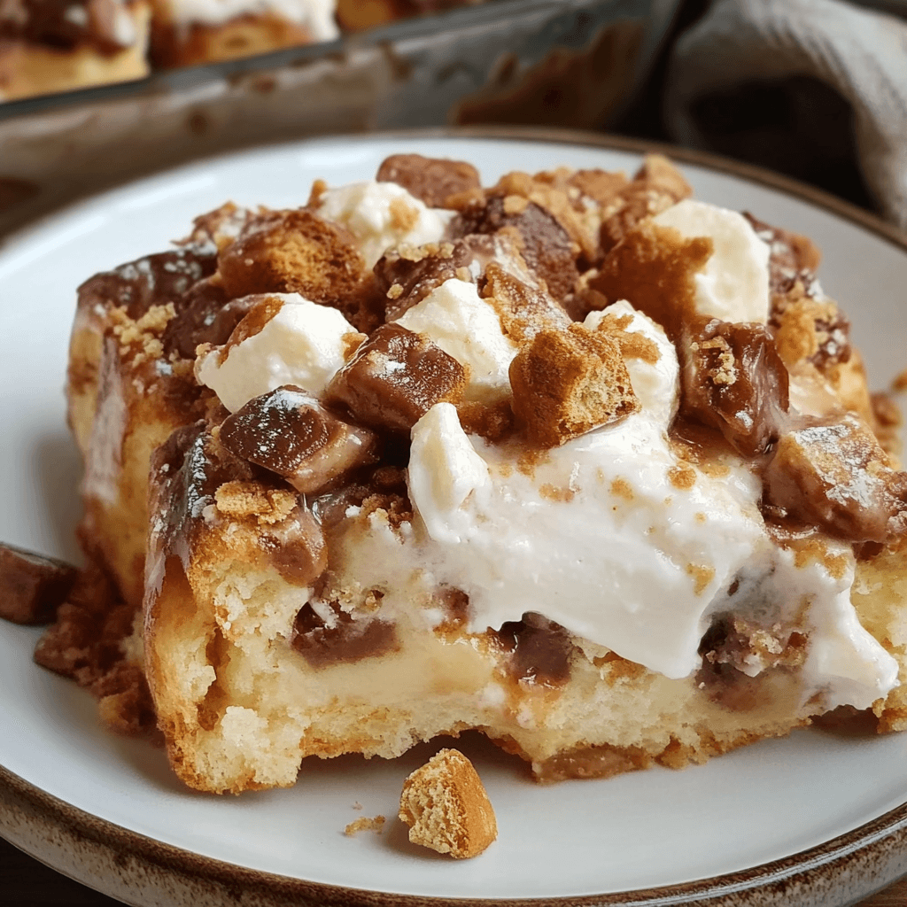 Close-up of a s’mores-inspired bread pudding topped with melted marshmallows, chocolate chunks, and graham cracker crumbles.