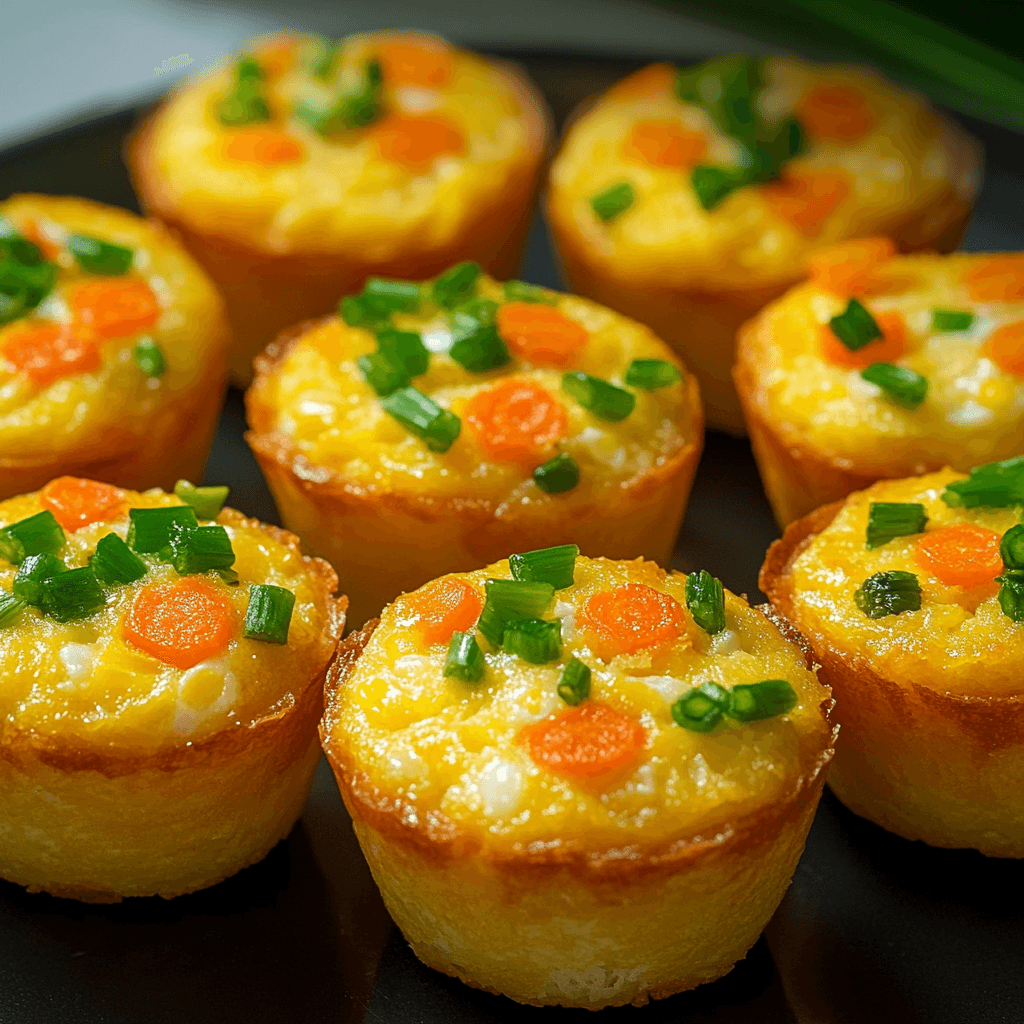 Eight golden cottage cheese egg muffins topped with sliced carrots and chopped green onions, arranged on a dark plate.
