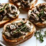 Several slices of toasted bread topped with sautéed mushrooms, melted Gruyère cheese, and fresh thyme on a white plate.