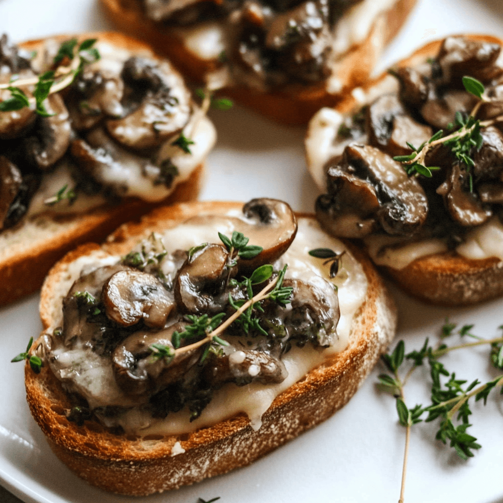 Several slices of toasted bread topped with sautéed mushrooms, melted Gruyère cheese, and fresh thyme on a white plate.