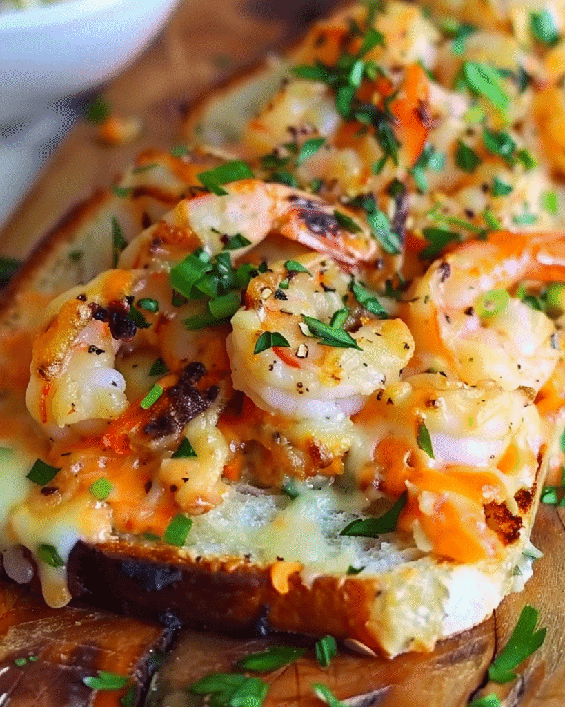 Cheesy garlic bread topped with grilled shrimp and fresh herbs on a wooden board.