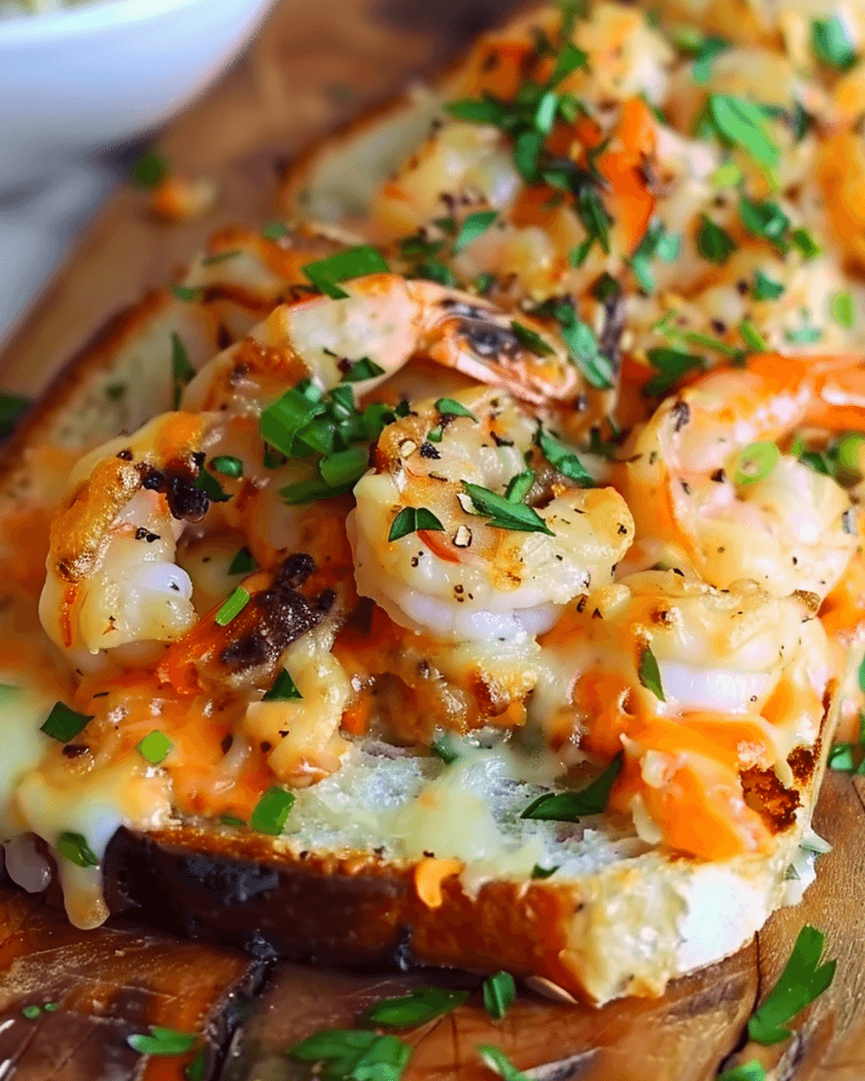 Cheesy garlic bread topped with grilled shrimp and fresh herbs on a wooden board.