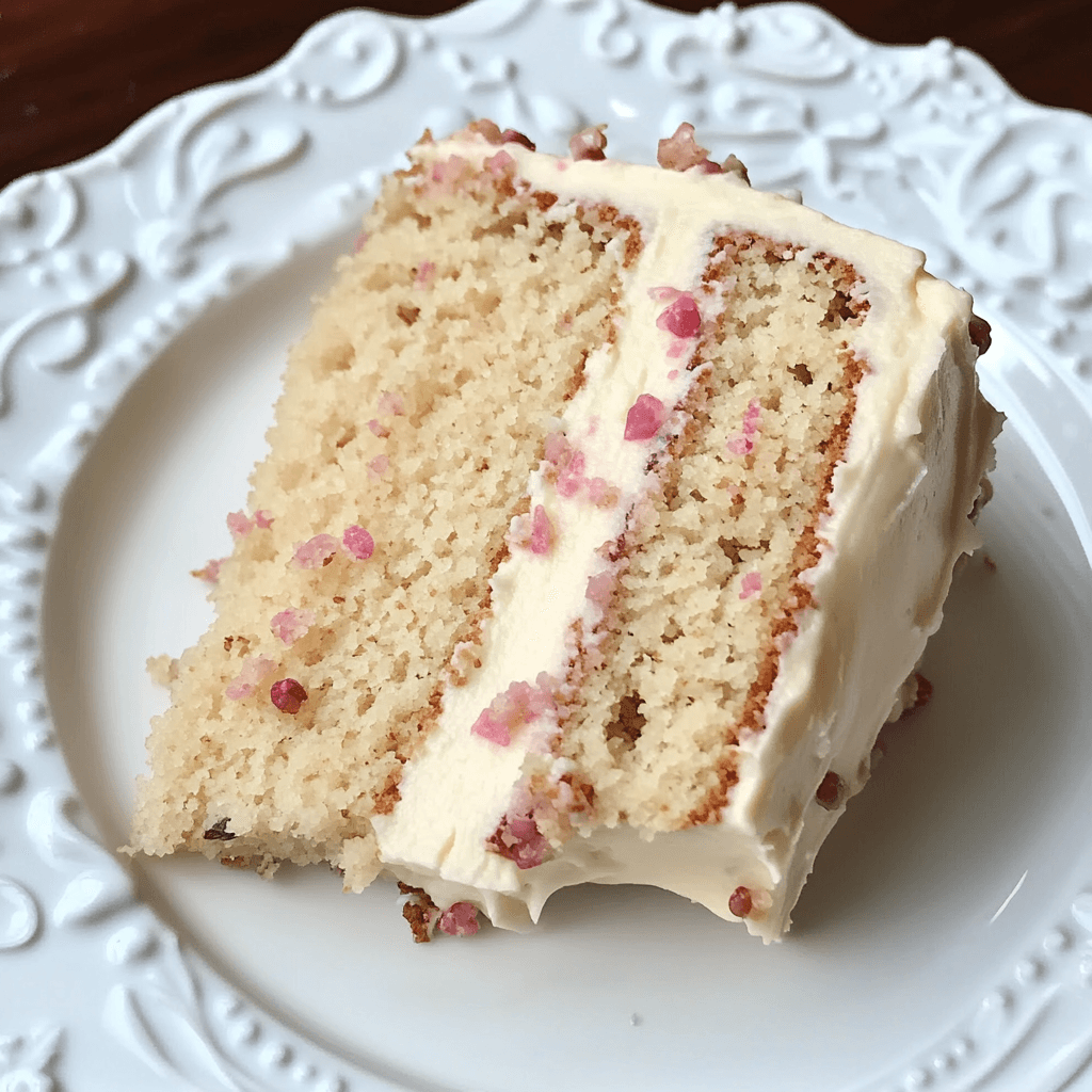Slice of Southern pecan butter cake with creamy white frosting and pink sugar crystals, served on an ornate white plate.