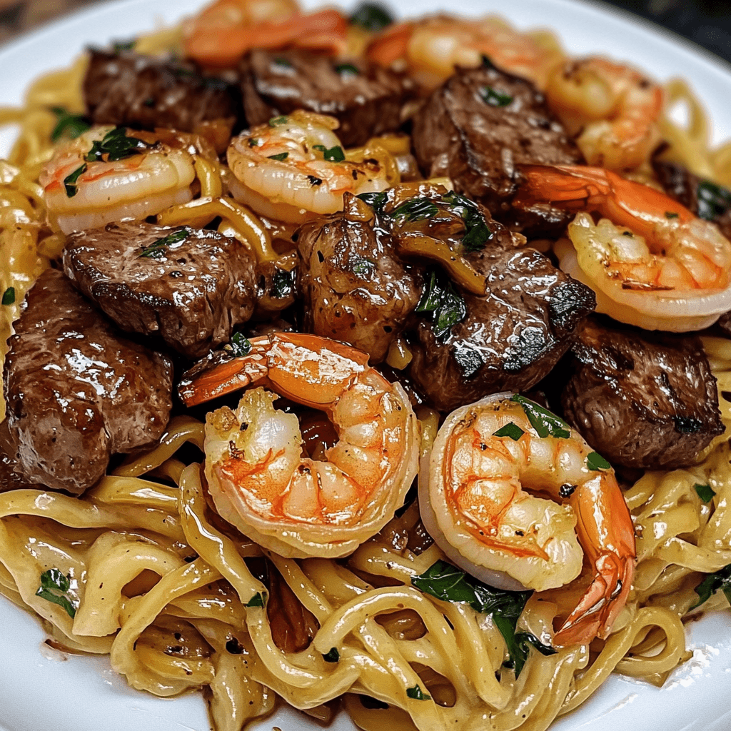 Close-up of creamy noodles topped with seared steak bites and garlic butter shrimp, garnished with parsley.