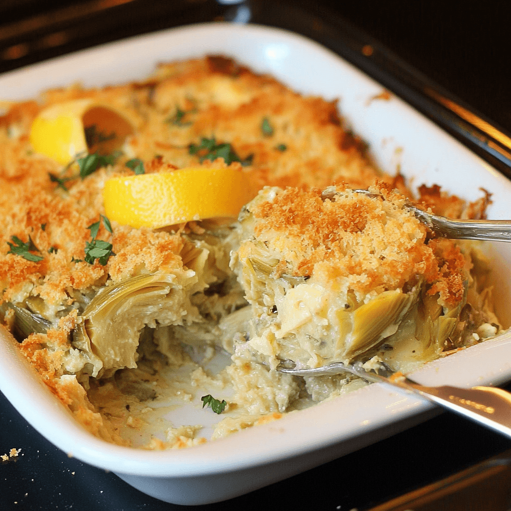 Stuffed artichoke casserole with a golden breadcrumb crust, garnished with lemon slices and parsley, served in a white baking dish.