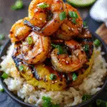 Grilled teriyaki shrimp stacked over a charred pineapple ring on a bed of white rice, garnished with green onions and sesame seeds.