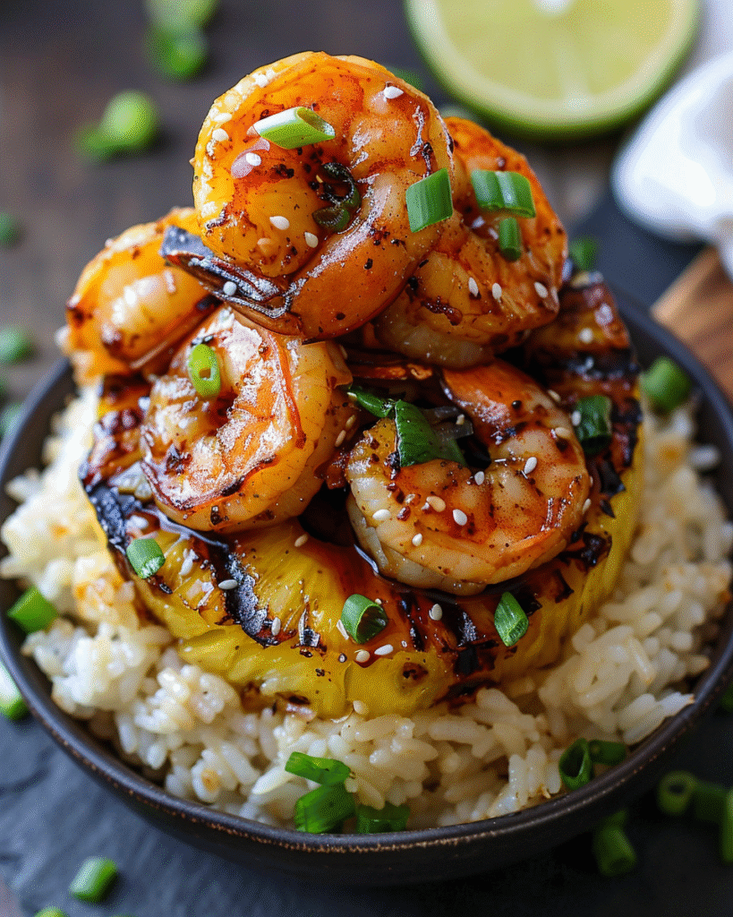 Grilled teriyaki shrimp stacked over a charred pineapple ring on a bed of white rice, garnished with green onions and sesame seeds.