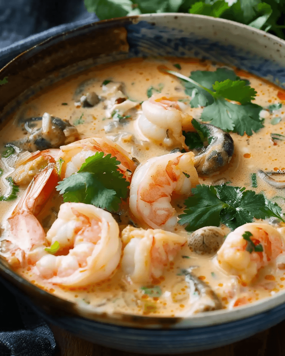 Thai coconut soup in a ceramic bowl filled with shrimp, mushrooms, and cilantro in a creamy orange broth.