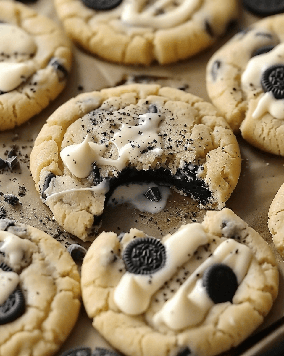 Soft-baked cookies filled with dark Oreo centers, topped with mini Oreo cookies and drizzled with white chocolate.