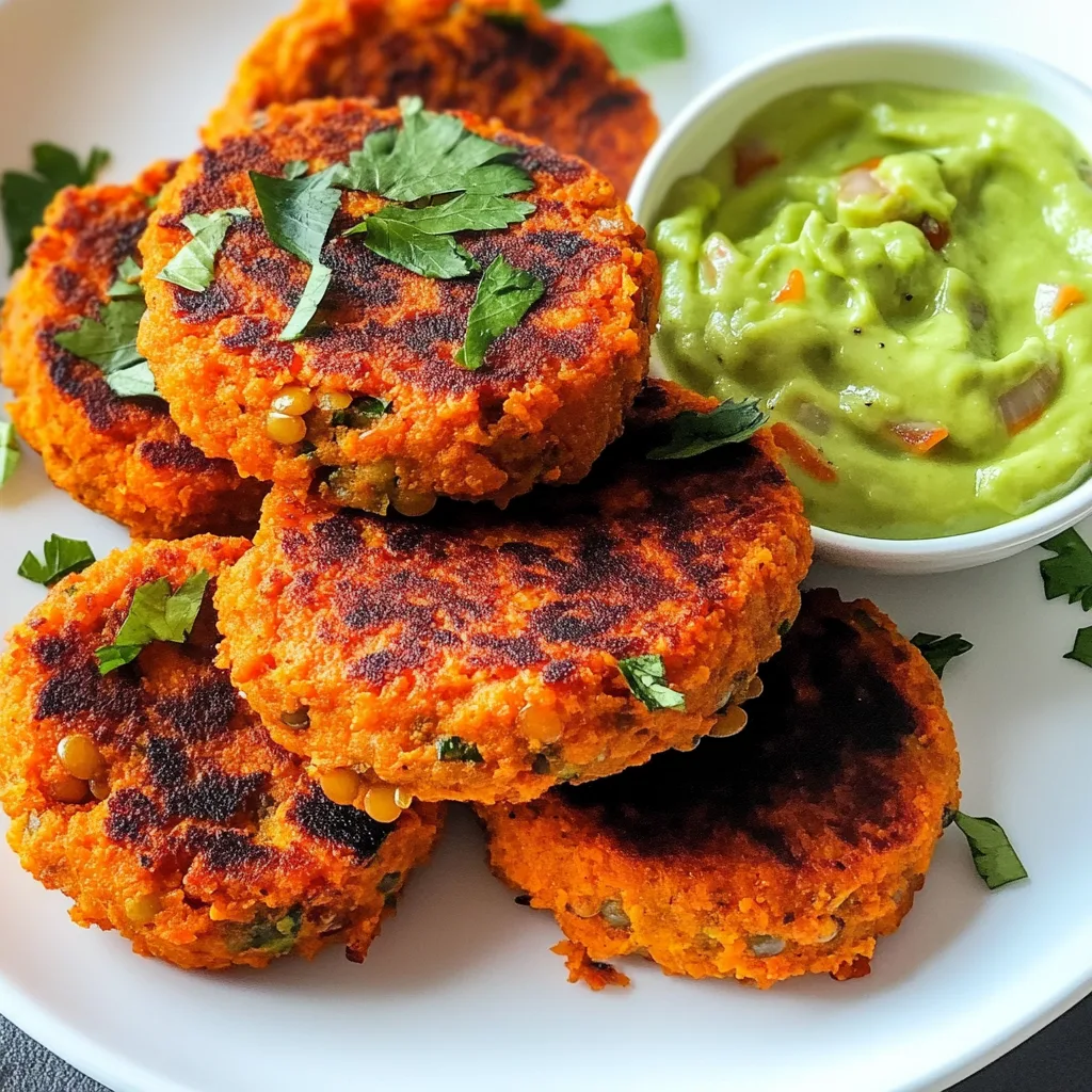 Crispy Vegan Sweet Potato Lentil Patties served on a plate with a side of creamy green avocado sauce and fresh cilantro.