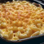 A close-up of baked macaroni and cheese with a golden, bubbling five-cheese crust in a baking dish.