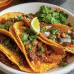 Three beef birria queso tacos garnished with chopped cilantro, diced red onions, and a lime wedge, served on a white plate.