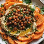 A vibrant plate of sliced carrots topped with creamy hummus, spiced lentils, fresh herbs, and a drizzle of olive oil.
