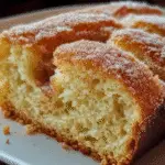Close-up of cinnamon donut bread slice with a light, fluffy crumb and a crisp cinnamon-sugar topping.
