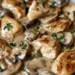 Creamy chicken and mushroom stroganoff served over pasta, garnished with fresh parsley.