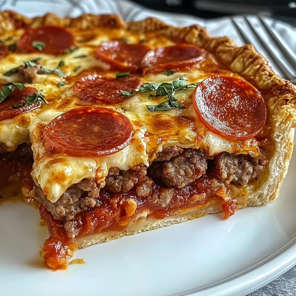Deep Hamburger Sausage & Pepperoni Pie on a white plate, with a golden crust, red sauce, melted white cheese, and browned meats.