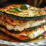 Close-up of a layered zucchini and ricotta bake topped with melted cheese and fresh basil.