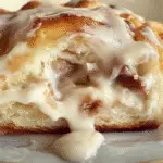 Close-up of a low carb keto cinnamon bun with creamy glaze dripping over its fluffy layers.