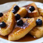 Golden mini French toast bites topped with fresh blueberries and drizzled with maple syrup on a white plate.