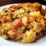 Close-up of mirliton and shrimp dressing with diced vegetables, including carrots, peas, and potatoes, served on a white plate.