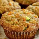 Close-up of a moist carrot zucchini muffin with a golden-brown top and visible shreds of carrot and zucchini.