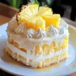 A slice of pineapple juice cake topped with whipped cream and fresh pineapple wedges, served on a white plate.