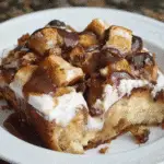 Close-up of a rich rocky road bread pudding topped with melted chocolate, marshmallows, and chunks of bread.