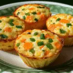 Four savory cottage cheese egg muffins with chopped carrots and green onions, served on a decorative plate.