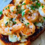 Close-up of shrimp grilled cheese on toasted garlic bread topped with melted cheese and herbs.