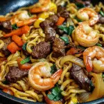 Stir-fried noodles with shrimp, steak, colorful vegetables, and fresh herbs in a savory sauce.