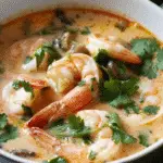 Bowl of Thai coconut chicken soup with shrimp, mushrooms, and fresh cilantro in a creamy broth.