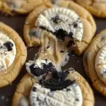 Gooey stuffed cookies topped with white Oreo halves, oozing with creamy filling and sprinkled with cookie crumbs.