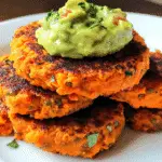 A stack of golden-brown vegan sweet potato lentil patties topped with creamy avocado sauce on a white plate.