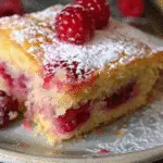 Slice of raspberry lemon drizzle cake topped with powdered sugar and fresh raspberries on a ceramic plate.