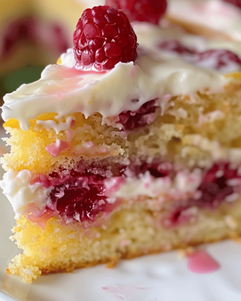Close-up of a slice of raspberry layer cake with creamy frosting and fresh raspberries.