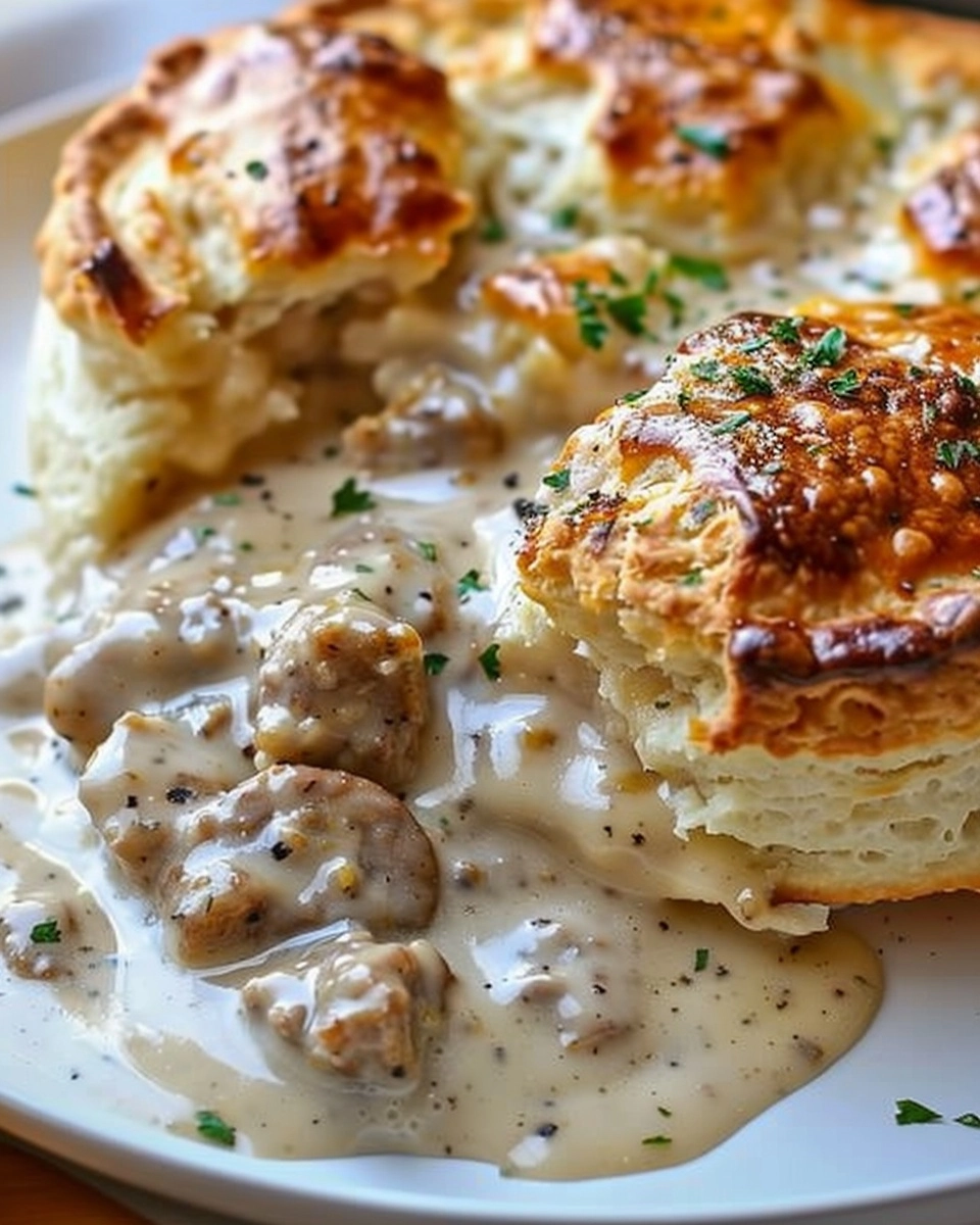 Sausage, Rich Gravy, and Biscuit Pie Recipe - Recipe Image