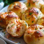 Golden brown garlic bread rolls stuffed with shrimp and crab, garnished with herbs and melted cheese.