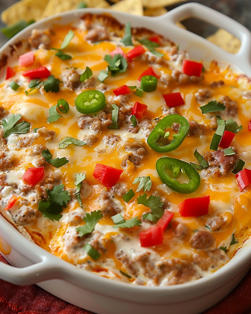 Hot cheesy dip topped with ground sausage, diced red peppers, jalapeño slices, and cilantro in a white casserole dish.